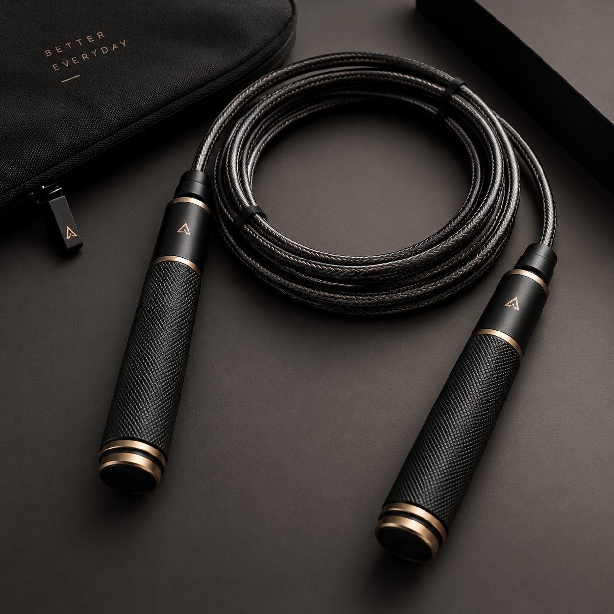 Skipping rope with dark handles and braided cable