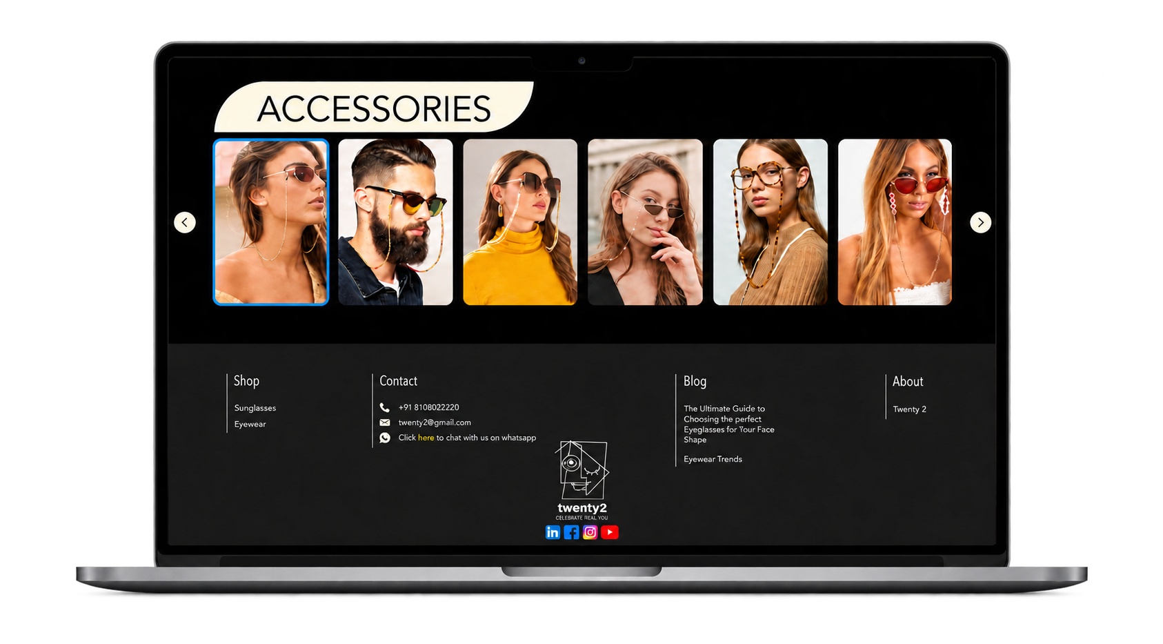 Twenty2 accessories collection and footer on a laptop, with the studio background removed