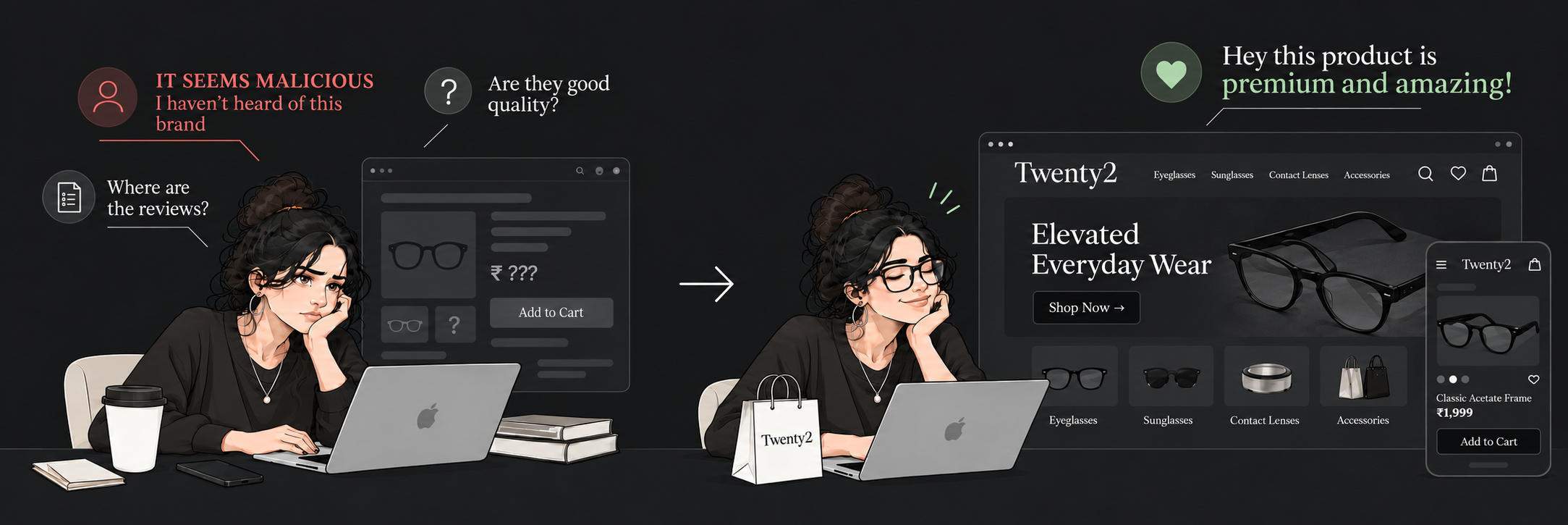 Twenty2 case study: an unfamiliar eyewear brand feels suspicious to shoppers, then its premium storefront builds trust.